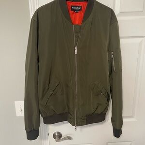 Pull&Bear Men's Green Bomber Jacket with Red Lining